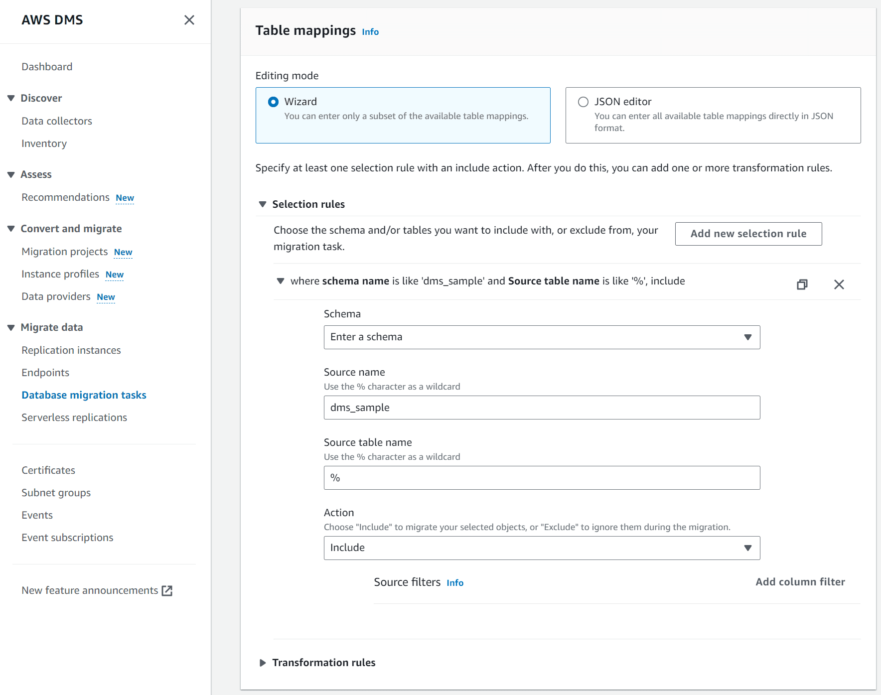 DMS database migration task table mappings